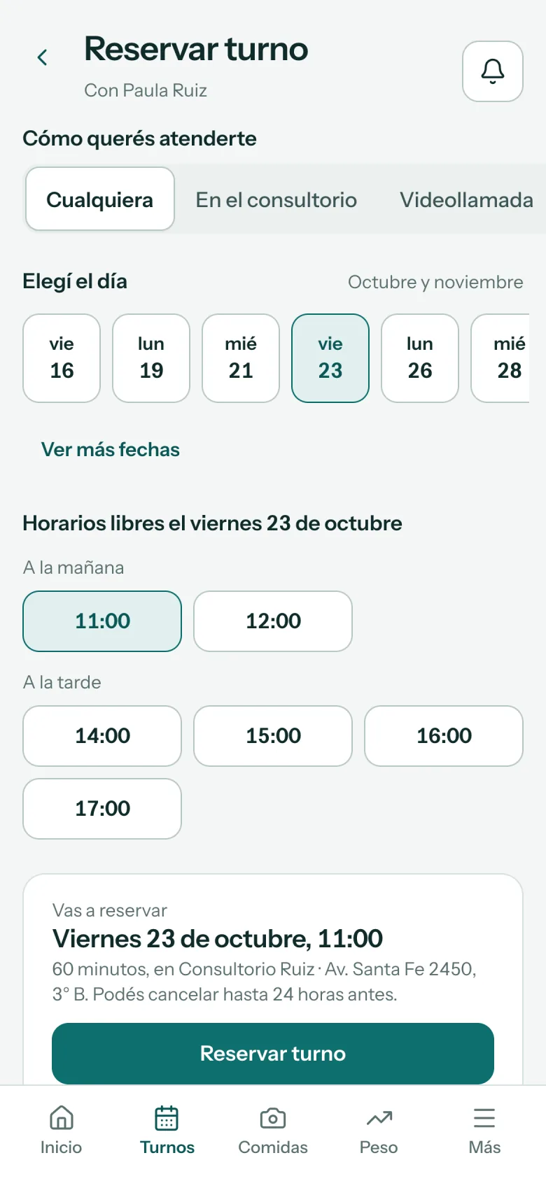 Celular del paciente en Reservar turno con Paula Ruiz: eligió el viernes 23 de octubre a las 11:00 y tiene el botón Reservar turno.